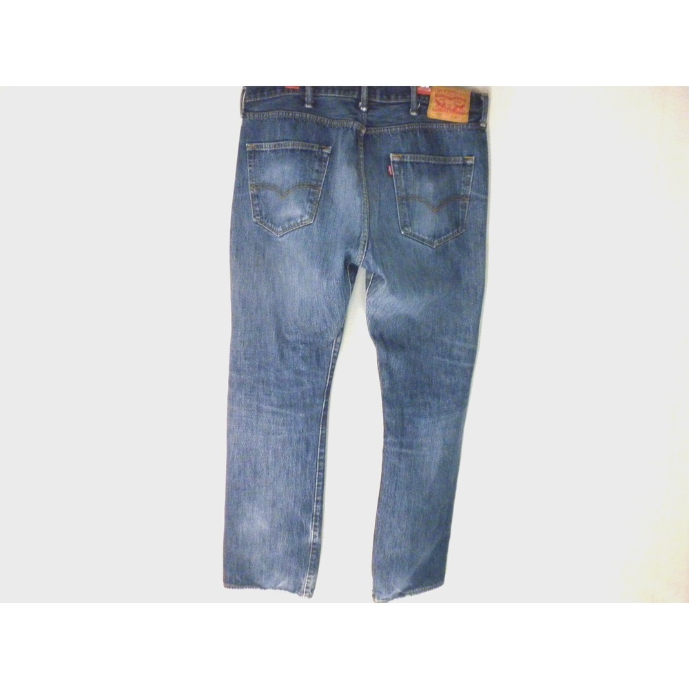 Levi's 501 Jeans Mens 38x32 Blue Denim Button‎ Fly Straight Whiskered Heel Drag - Picture 4 of 14